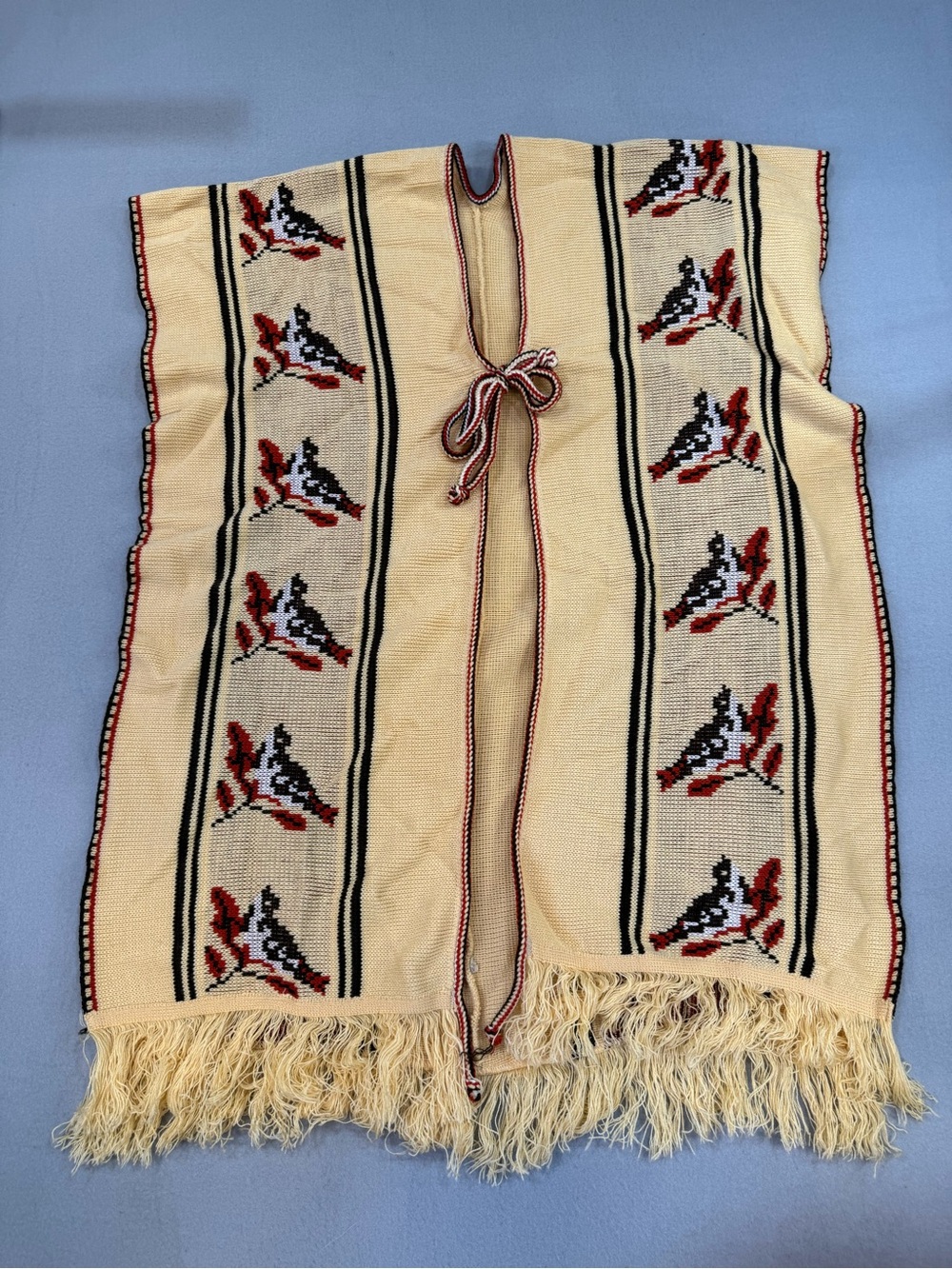 Vintage 1970’s Boho Cream Knit Bird Motif Poncho with Fringe Tie